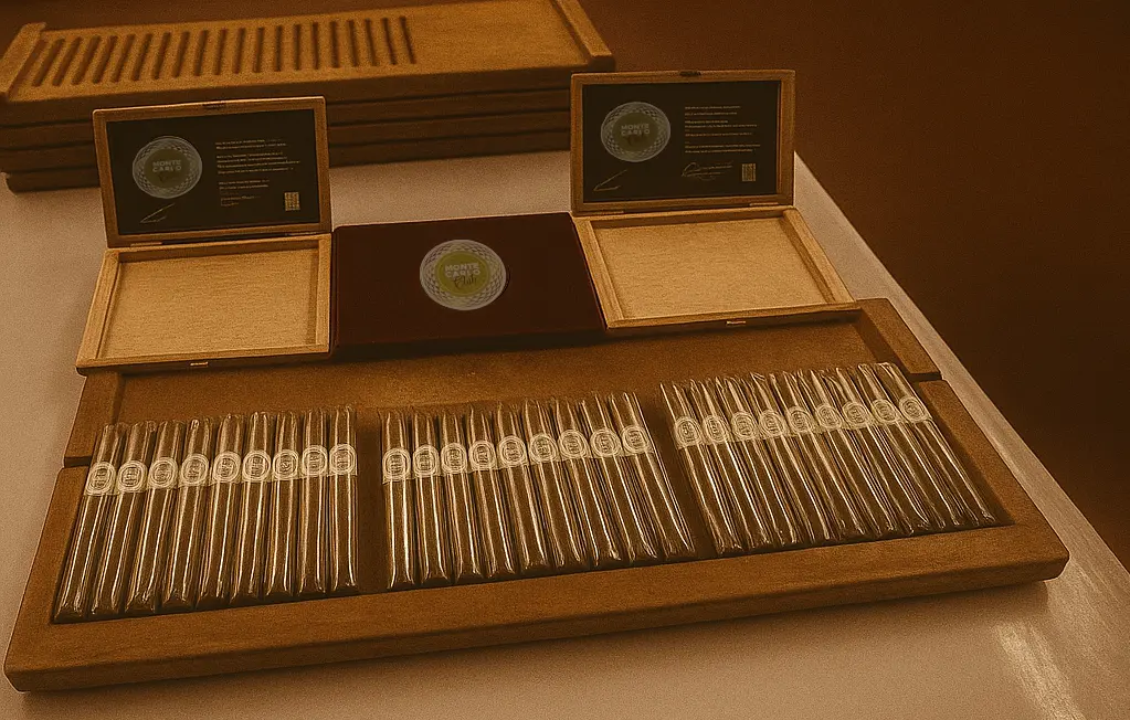 A refined showcase of Monte-Carlo Club cigar boxes, blending elegant design with premium tobacco presentation.