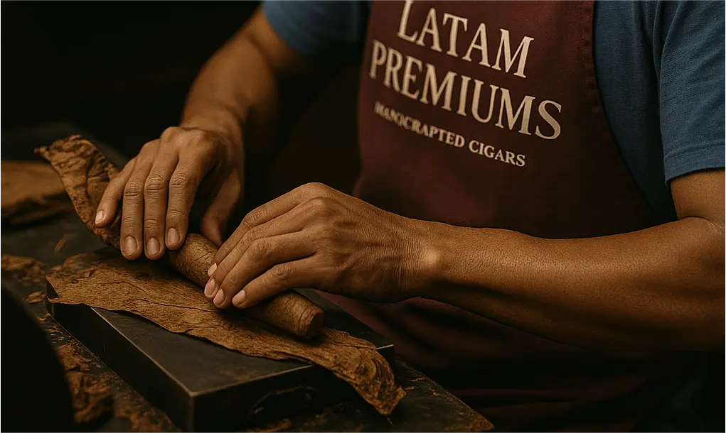 A LATAM PREMIUMS master roller crafting cigars by hand, preserving the artisanal heritage of premium cigar-making.